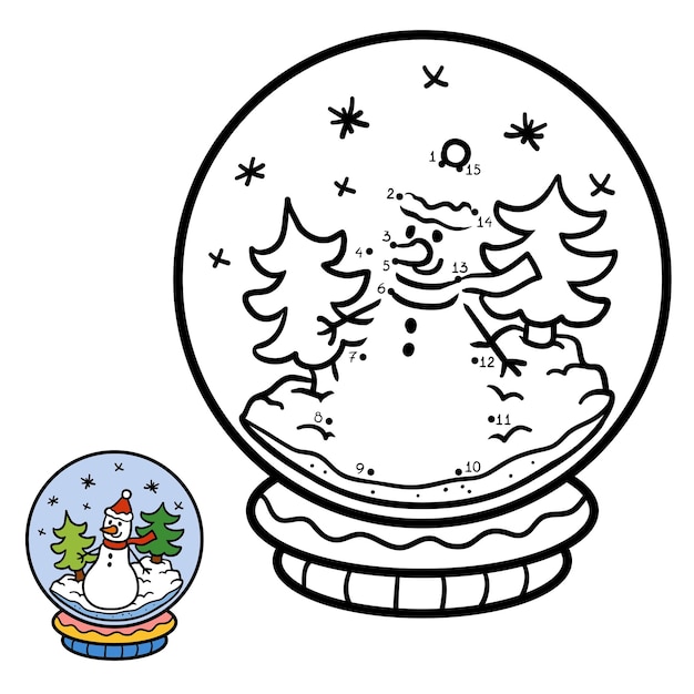 Vector numbers game, education dot to dot game for children, winter snowball with snowman