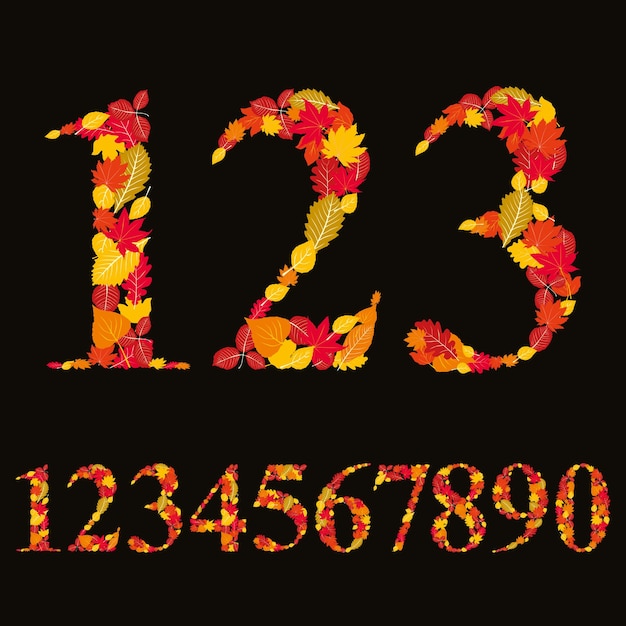 Vector numbers made with leaves, floral numerals set, vector illustration.