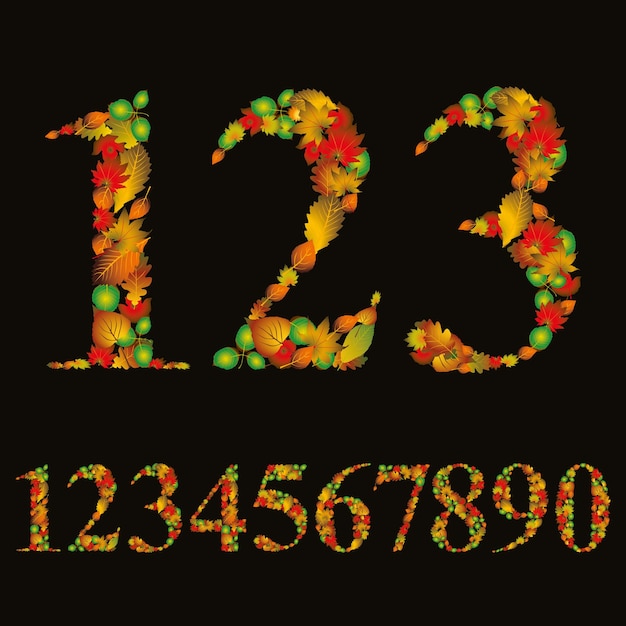 Vector numbers made with leaves, floral numerals set, vector illustration.