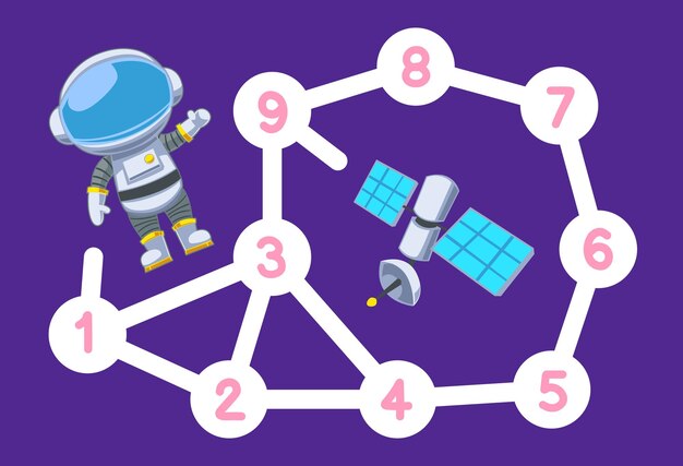 Vector numbers maze for children help the astronaut move to the satellite printable solar system worksheet