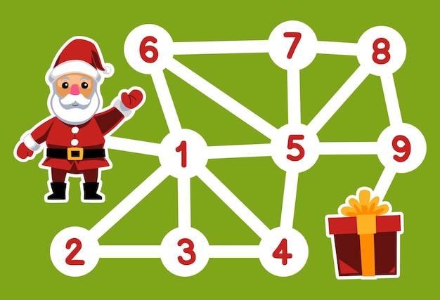 Vector numbers maze for children help santa move to the gift box printable winter worksheet
