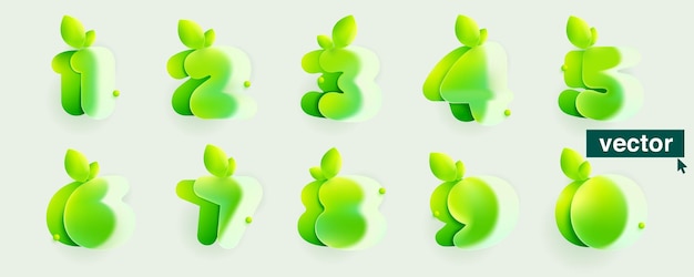 Цифры устанавливают экологические иконки в реалистичном стиле glassmorphism векторные размытые полупрозрачные логотипы