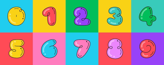 Vector numbers set funny bold childish style font overlapping line with multicolor background