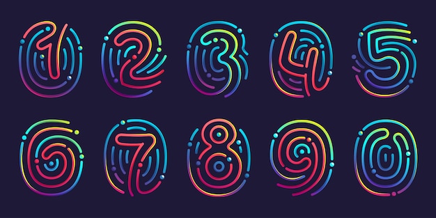 Numbers set made of fingerprint Multicolor line icon with vivid gradients and shine