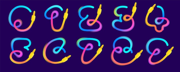 Numbers set made of vivid gradient line wires with mini jacks icons and rainbow shine