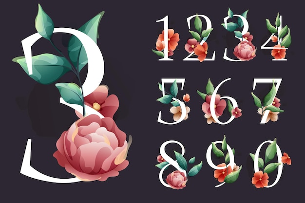 Vector numbers set in watercolor style with flowers and leaves herbs like peonies chamomile and buds