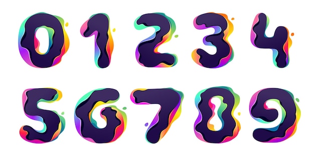 Numbers set with hologram glitch multicolor gradient icons with color shift and illusion effect