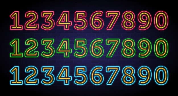Vettore numeri impostati con elemento luminoso al neon