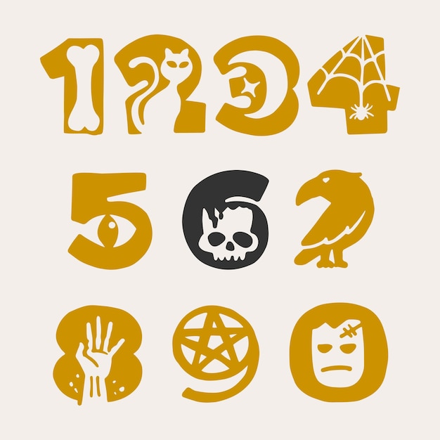 Numbers set for your Halloween design. Hand-drawn font with famous metaphors pattern.