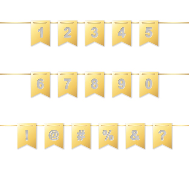 Numbers and strange characters on golden paper flag garland