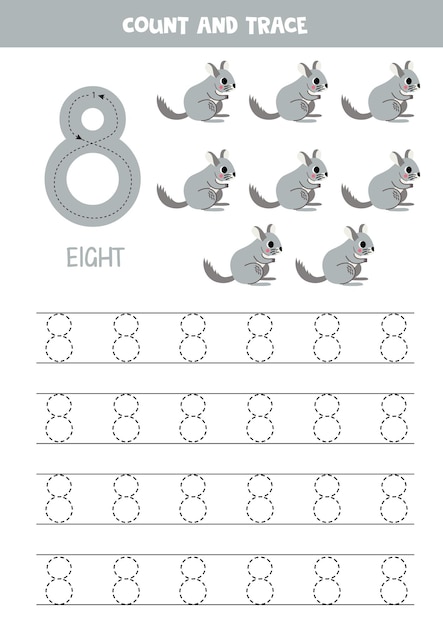 Vettore esercizio di tracciamento di numeri scrivere il numero otto cute chinchilla dei cartoni animati