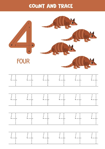 Vettore esercizio di tracciamento di numeri scrivere il numero quattro cuccioli armadilli dei cartoni animati