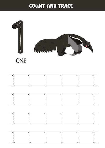 Vector numbers tracing practice writing number one cute giant anteater