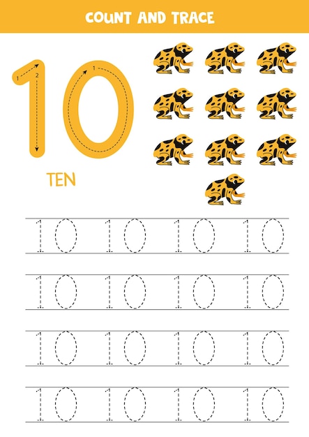 숫자를 추적하는 연습 숫자 10을 쓰는 귀여운 만화 노란색 줄무 독성 화살개 개구리