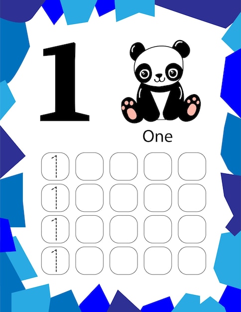 Numbers tracing worksheet by counting baby Panda number 1