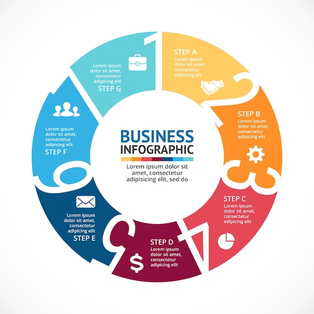 Numbers Vector Infographic Presentation template Circle diagram chart 7 steps parts