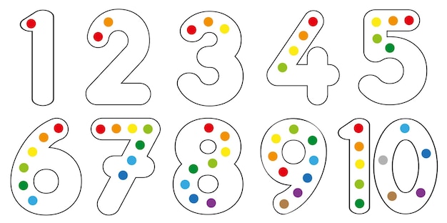 Vector numbers with counting dots toddler and preschool counting practice activity worksheets for kids