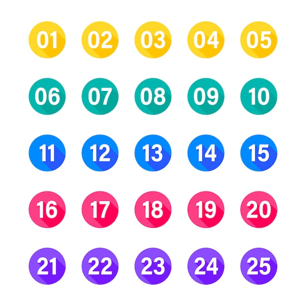 Vettore numeri con una lunga ombra su cerchi multicolori impostati. illustrazione piatta vettoriale