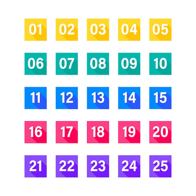 Numbers with long shadow on multicolored square set. vector flat illustration