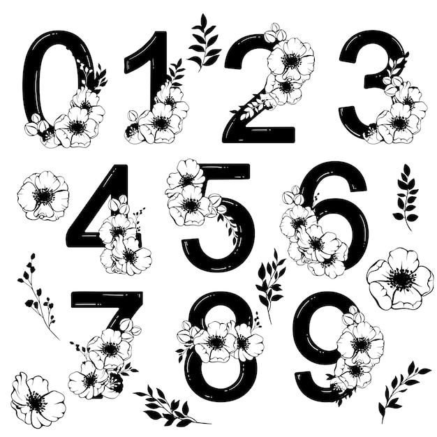 벡터 봄 꽃 번호 날짜 및 숫자 모노그램 꽃 장식 번호