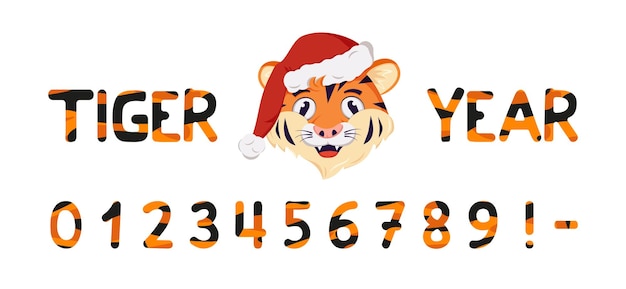 Numbers with striped tiger pattern and muzzle of animal predator in santa hat festive orange font wi...