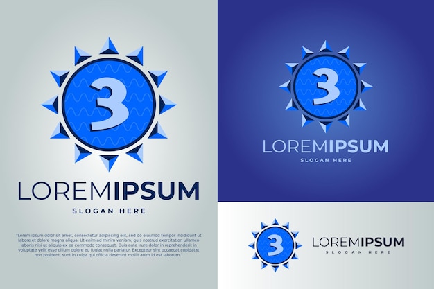 Numeric 3 and Sun with waves Logo design vector illustration template badge logo Sun logo design template badge logo