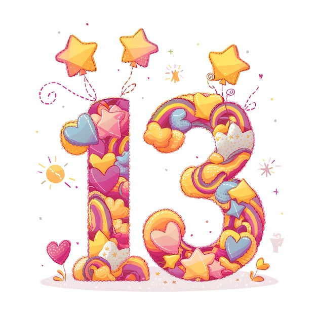 Numeric Digit 13 Vector Illustration Typography of Number 13 with Playful Shapes and Balloon