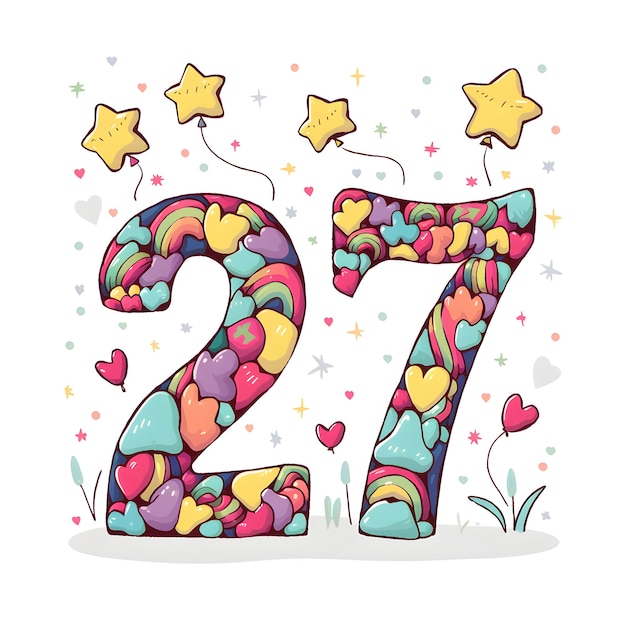 Vector numeric digit 27 vector illustration typography of number 27 with playful shapes and balloon
