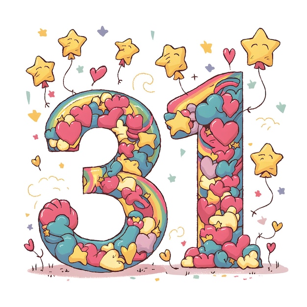 Numeric Digit 31 Vector Illustration Typography of Number 31 with Playful Shapes and Balloon