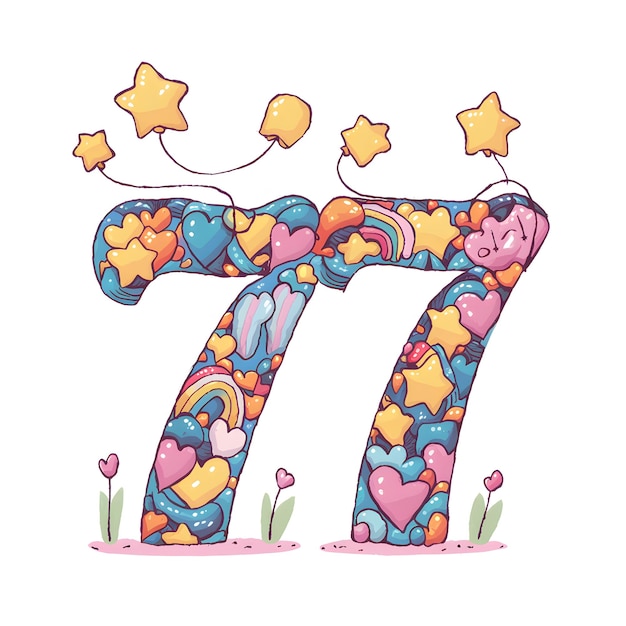 Vector numeric digit 77 vector illustration typography of number 77 with playful shapes and balloon