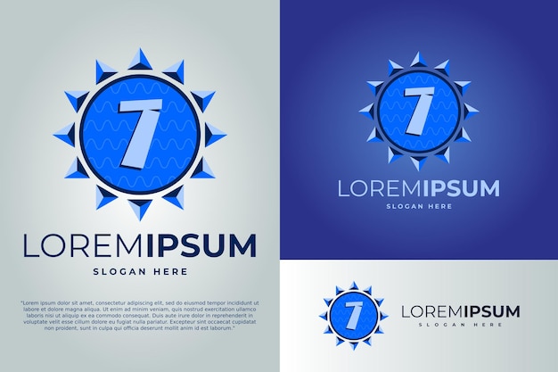 Numeriek 7 en zon met golven Logo ontwerp vector illustratie sjabloon badge logo Zon logo ontwerp sjabloon badge logo