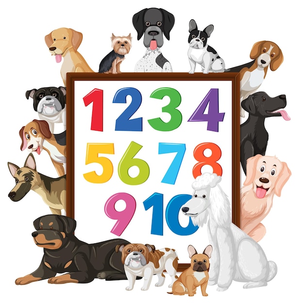 Nummer 0 tot 9 op banner met veel verschillende soorten honden