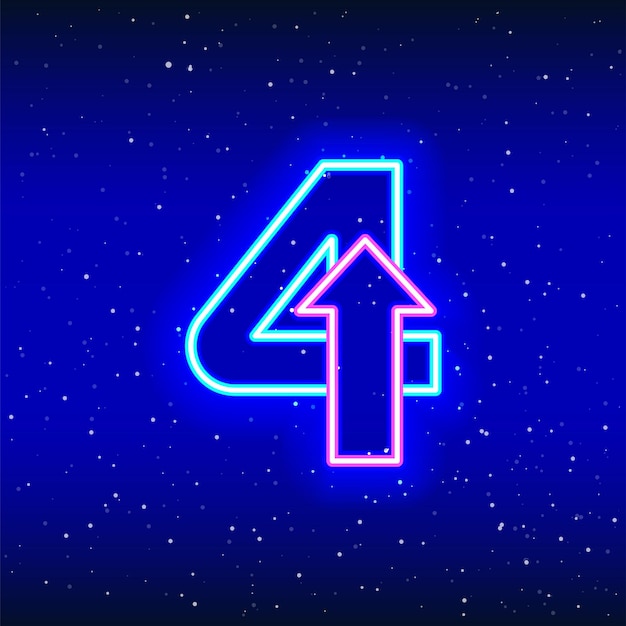 Nummer 4 en pijlteken in neonblauwe en roze kleur Pijlcijfer vier van ruimtesterren