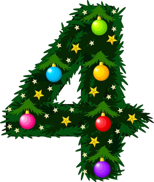 Nummer 4. ontwerp van het kerstalfabet en de cijfers. kerstboom met speelgoed. vectorillustratie op een witte achtergrond.