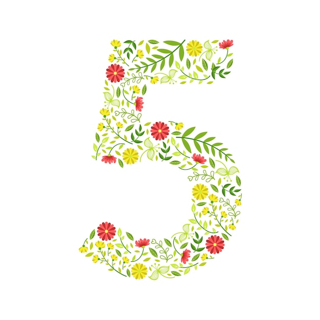 Nummer 5 Groen bloemen nummer gemaakt van bladeren en bloemen patroon vector illustratie