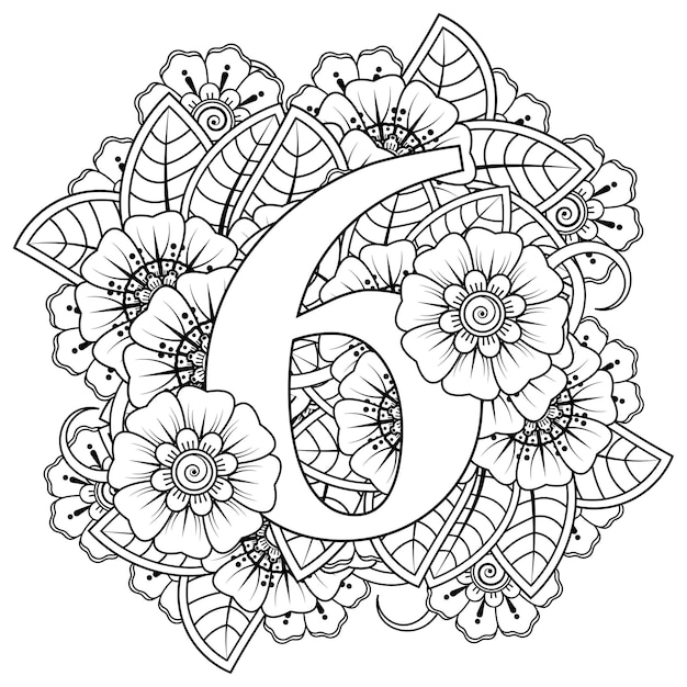 Nummer 6 met mehndi bloem decoratief ornament in etnisch oosterse stijl kleurboekpagina