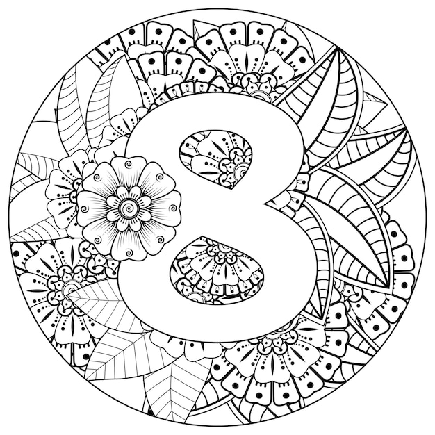 Nummer 8 met Mehndi bloem decoratief ornament in etnische oosterse stijl kleurboekpagina