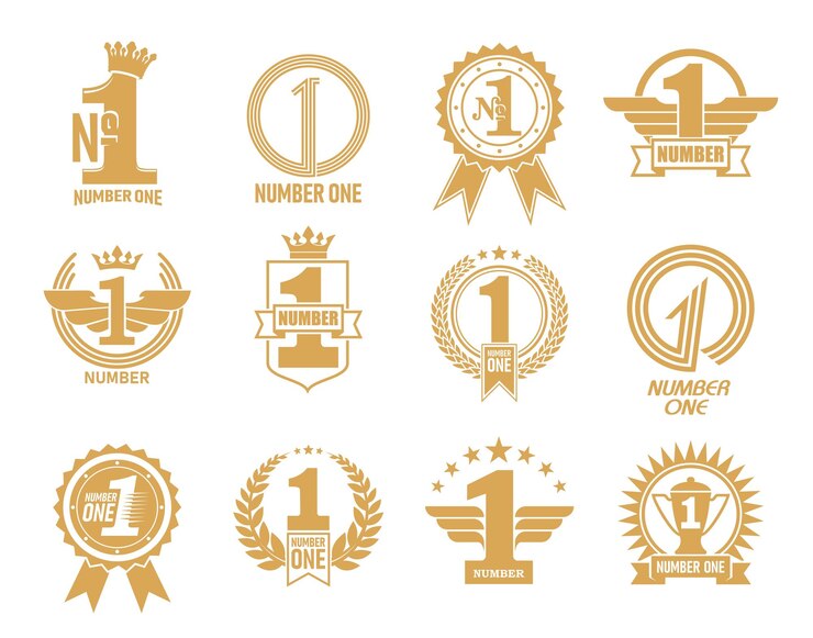 Vector nummer één pictogrammen eerste plaats emblemen met gouden kroon en winnaarvleugels beste product vectorlabels nummer één badge krans en lint voor prestatieprijzen en bedrijfswaarderingstrofee