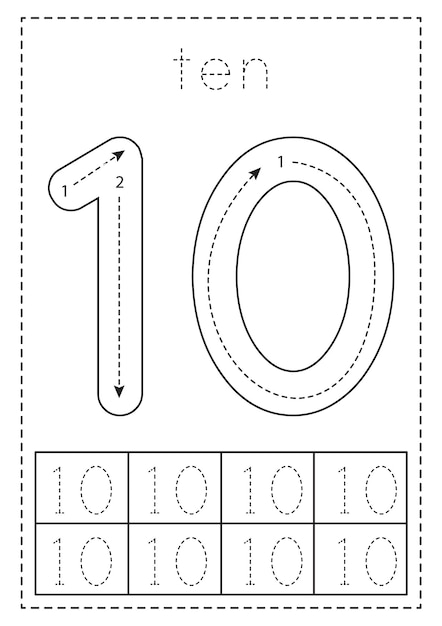 Nummer tien traceren werkblad kleuterschool zwart-wit