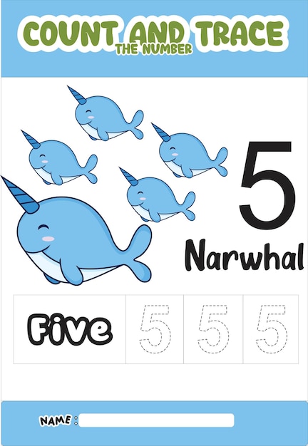Nummering trace en kleur narwal .for kids.