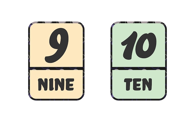 Vector nummers 9 en 10 negen tien met woorden gekleurd flashcard-materiaal in engelse vectorillustratie