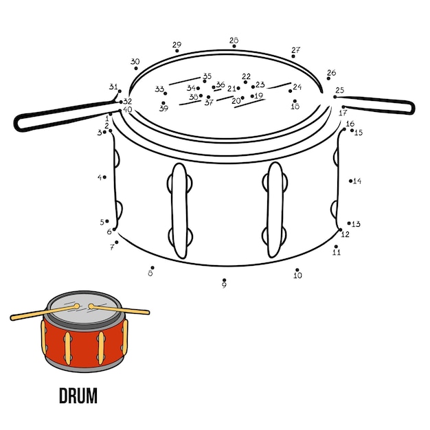 Nummers punt-naar-punt spel voor kinderen muziekinstrumenten drum