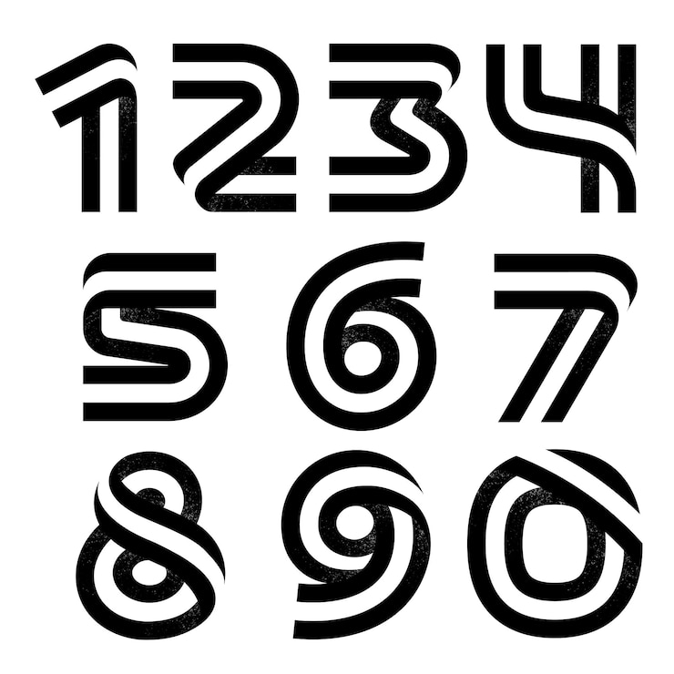 Vector nummers set gevormd door twee parallelle lijnen met ruistextuur. vector zwart-wit lettertype voor labels, koppen, posters, kaarten enz.