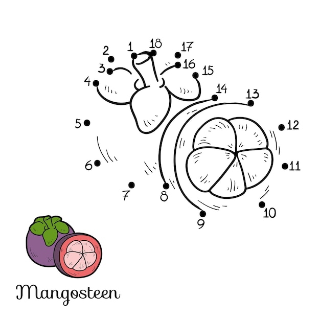 Nummers van punt naar punt spel voor kinderen groenten en fruit mangosteen