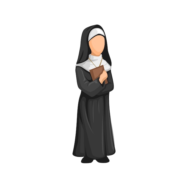 Nun Holding Bible Pose Religious People Figure Cartoon illustration Vector