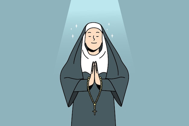 Вектор Монахиня молится с четками
