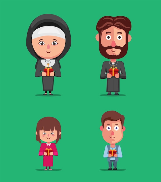 Nun priest and child people on church celebration christmas character set illustration vector