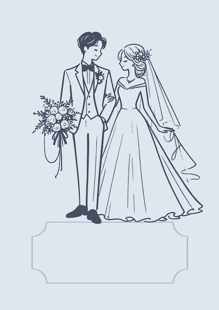 Vector nuptial card with a straightforward black vector sketch of the bride and groom on a light background