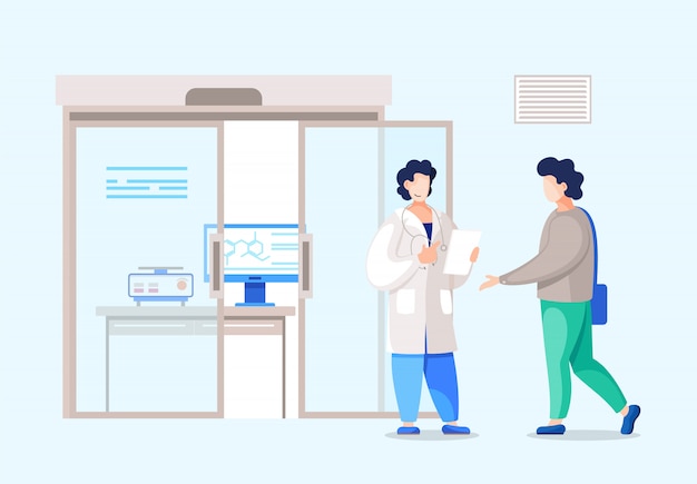 Nurse, doctor or administrator stand with patient at reception in hospital