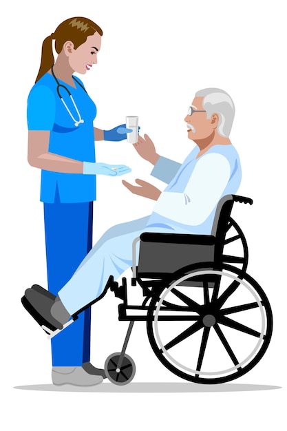 nurse giving pills to elderly man patient